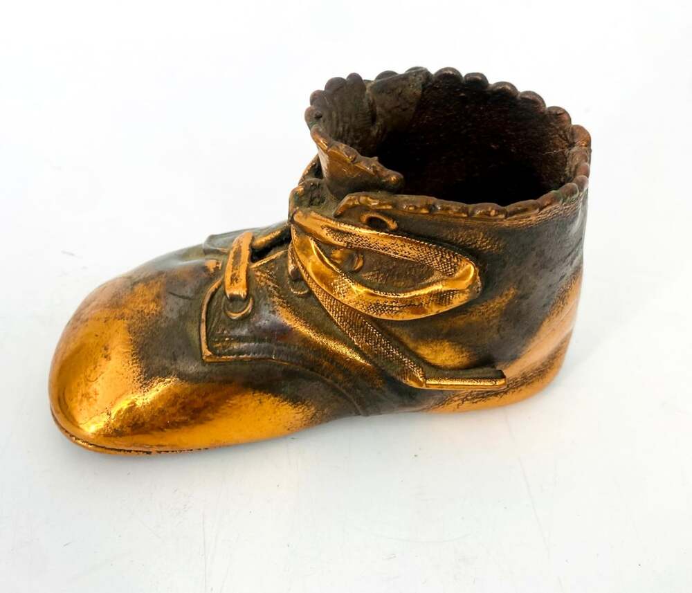 Vintage Bronzed Copper Baby Shoe 4" Figurine Nursery Decor Keepsake Stamped 833